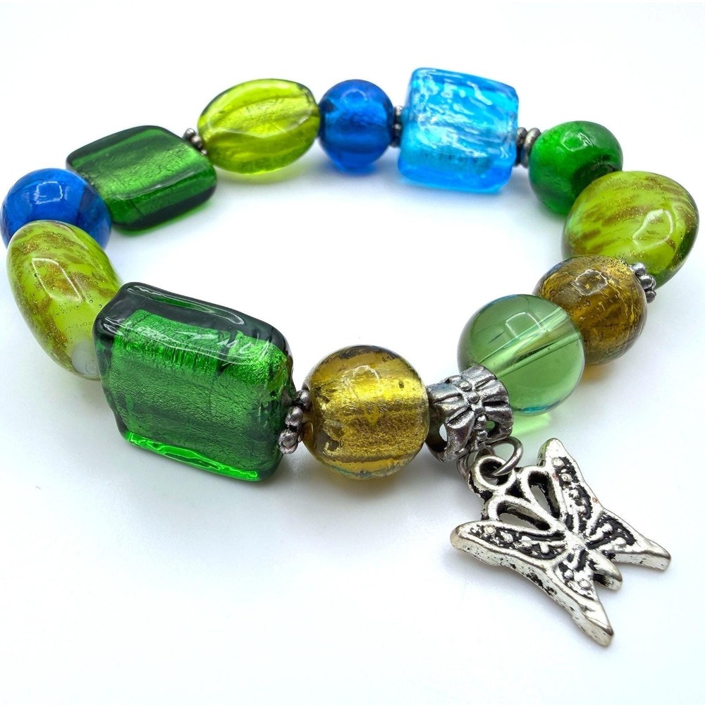 Vintage Glass Bead Butterfly Charm Bracelet Bohemian Style Y2K 90s 2000s‎
